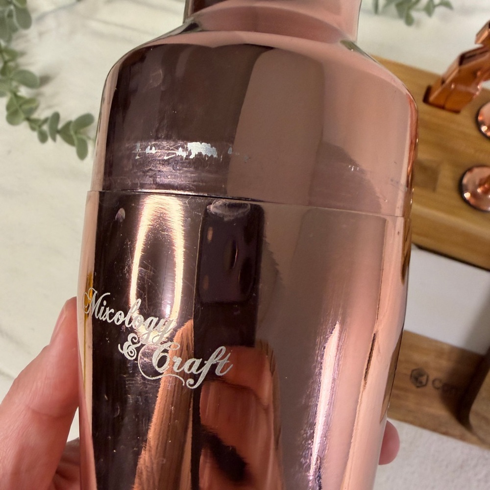 Rose Gold Cocktail Shaker Bar Set w/ Bamboo Stand, Strainer & 4 Coasters - Picture 2 of 10